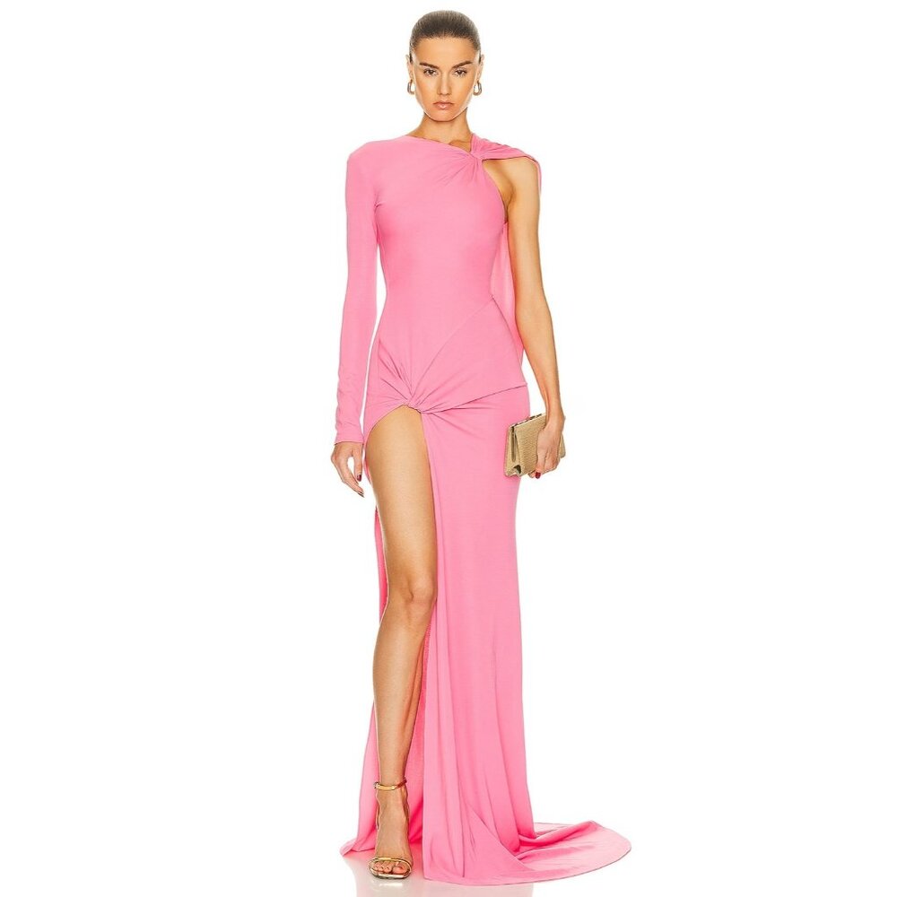 David Koma Ruched Knot One Sleeve Hem Gown Pink